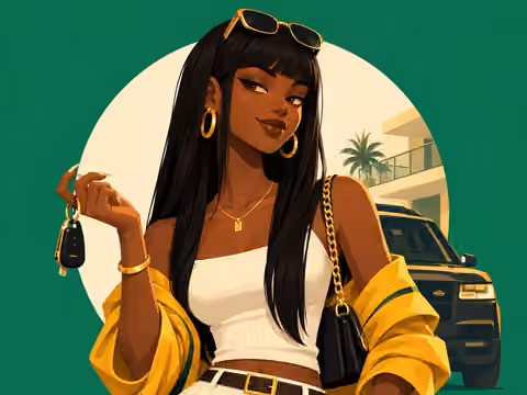 Illustration of a Nepo Baby: a stylish young woman holding car keys in front of an SUV and a Lekki apartment